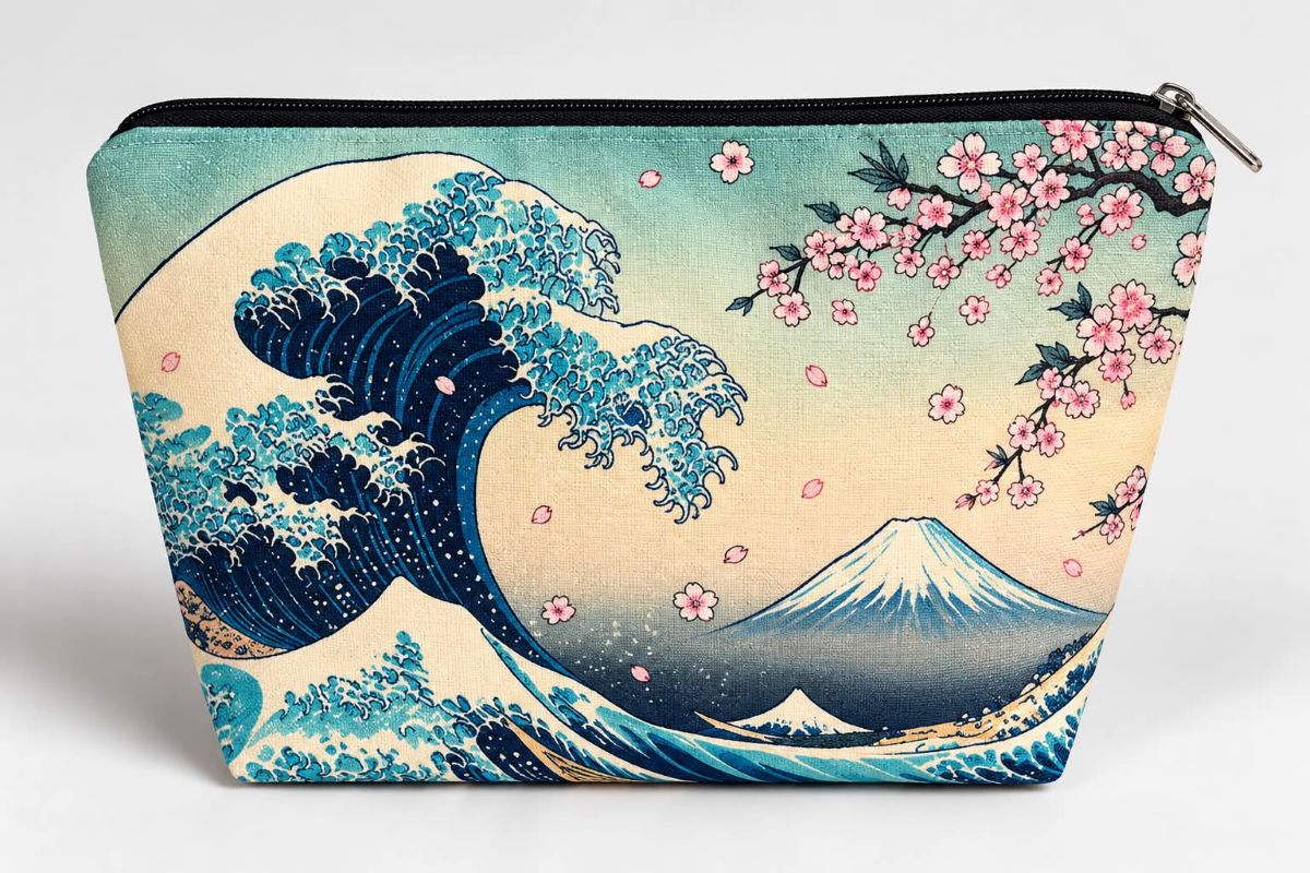 Toilettaske med bølge, Mount Fuji og kirsebærblomster