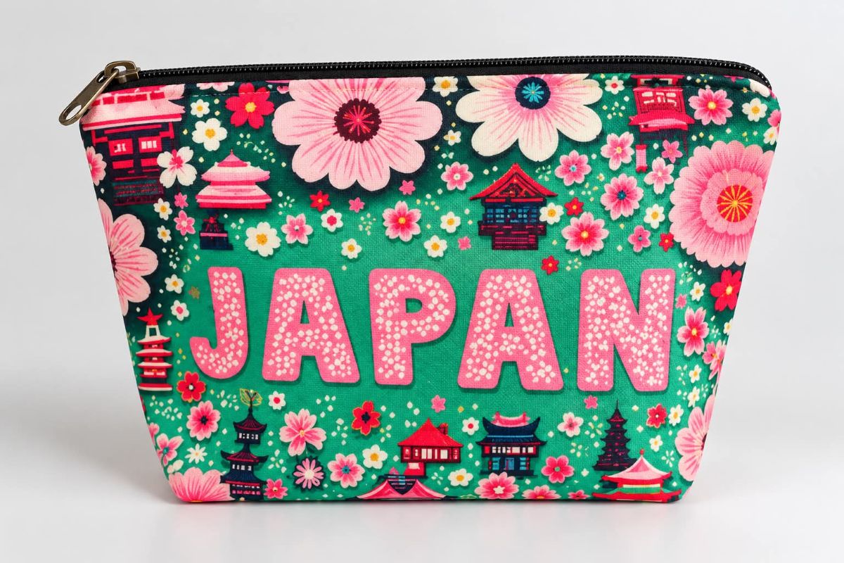 Toilettaske JAPAN – grøn med blomster og japanske bygninger