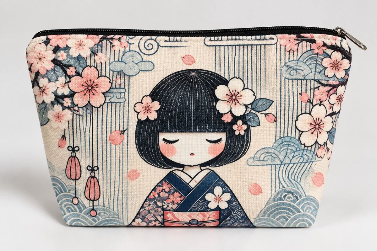 Toilettaske med kimono-pige og kirsebærblomster