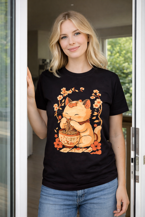Dame T-shirt Sort - Ramen Kat