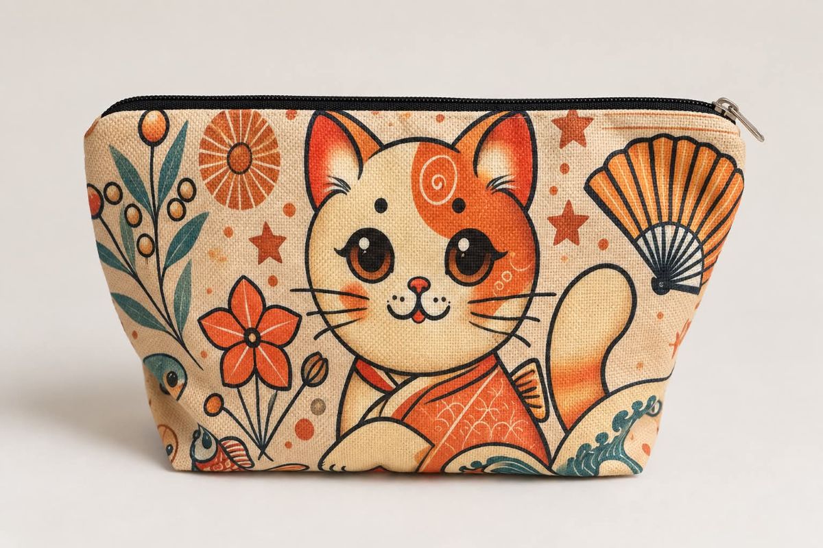 Toilettaske med orange kat, vifte og blomster