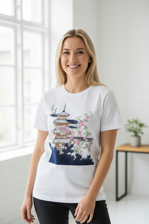 Dansk kvinde i hvid t-shirt med tempel og kirsebær motiv