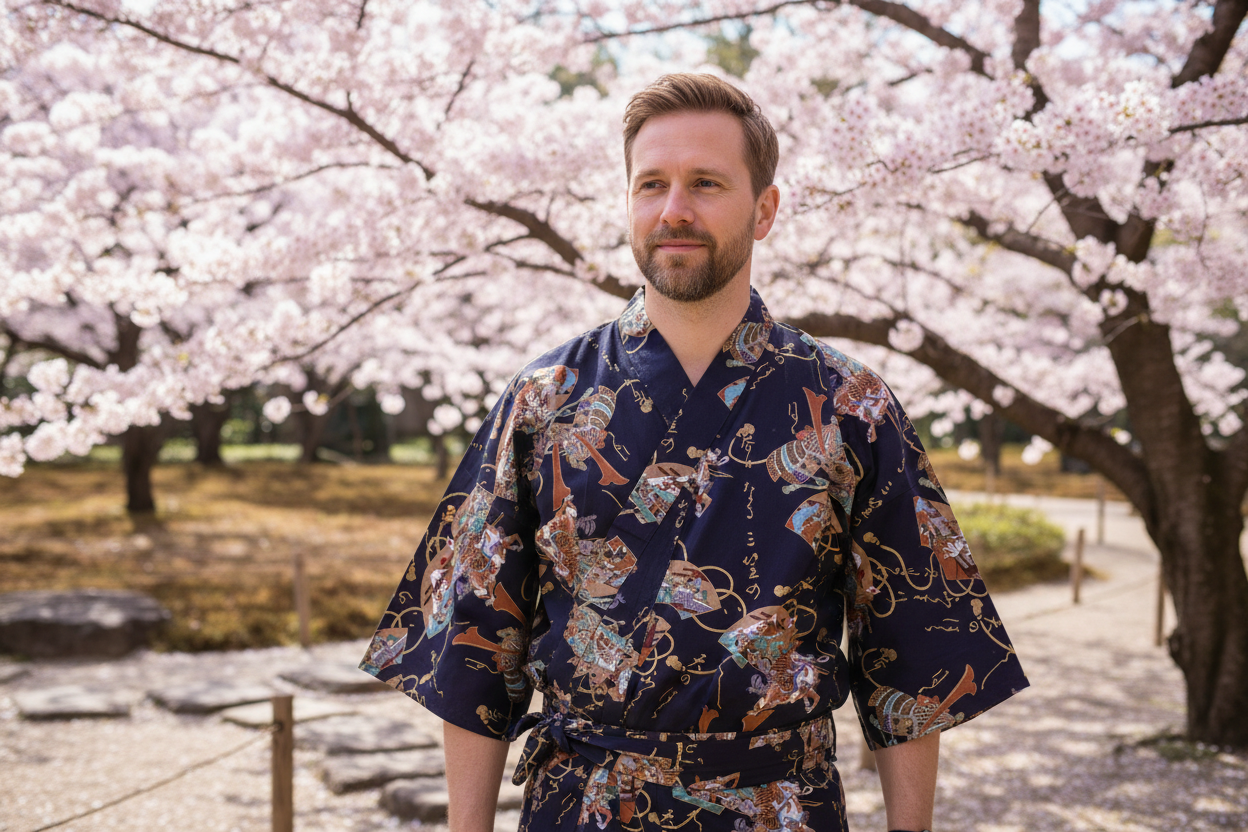Herre Yukata Samurai Warrior udendørs med kirsebærtræer