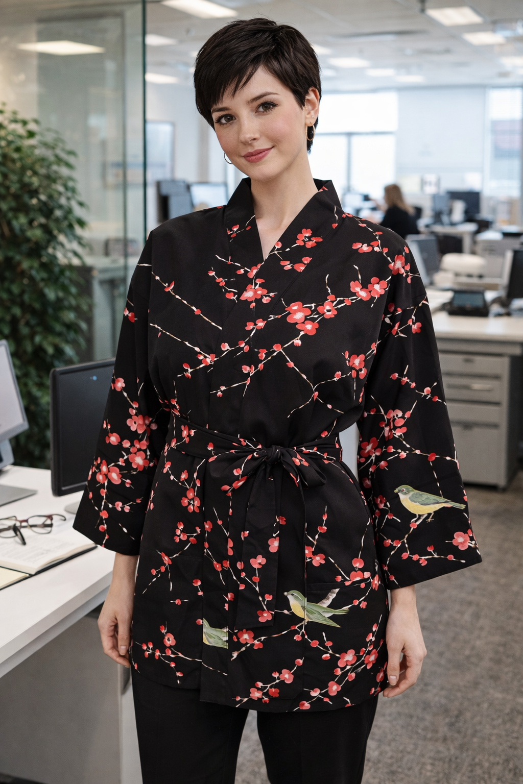 Dame Yukata Haori - Plum & Bush Warbler - jakke