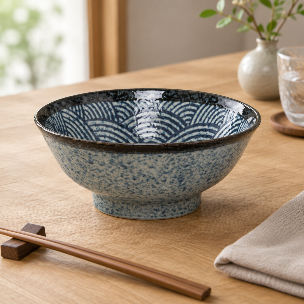 Ki-skål med bølgemønster i en japansk-inspireret bordopdækning