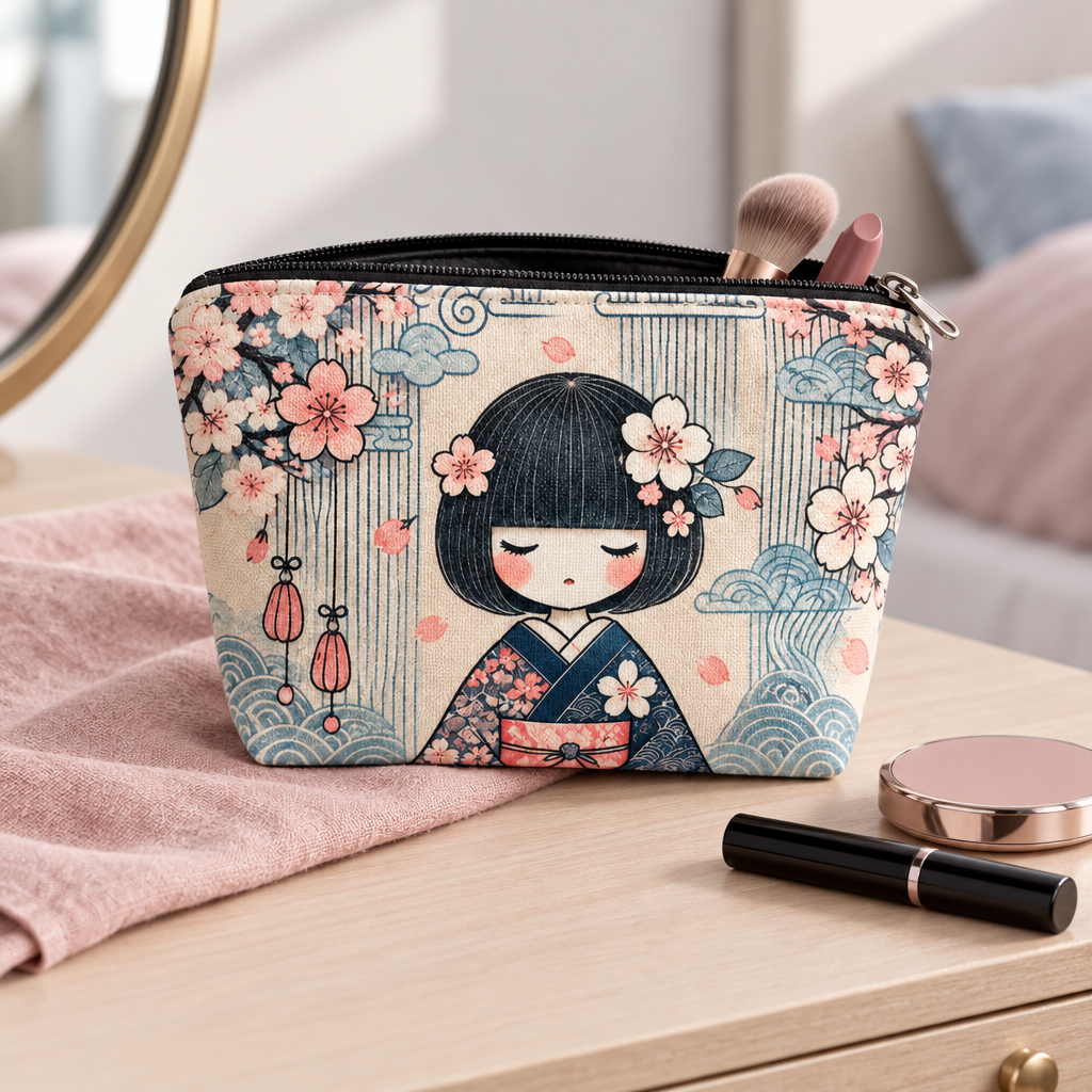 Kimono-toilettaske med åben lynlås og makeup på en lys kommode