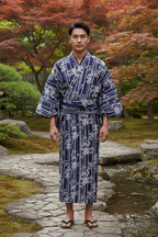 Mandemodel i yukata med bambus-drage mønster