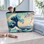 Mount Fuji-toilettaske med åben lynlås og makeup