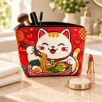 Rød katte-toilettaske med åben lynlås og makeup