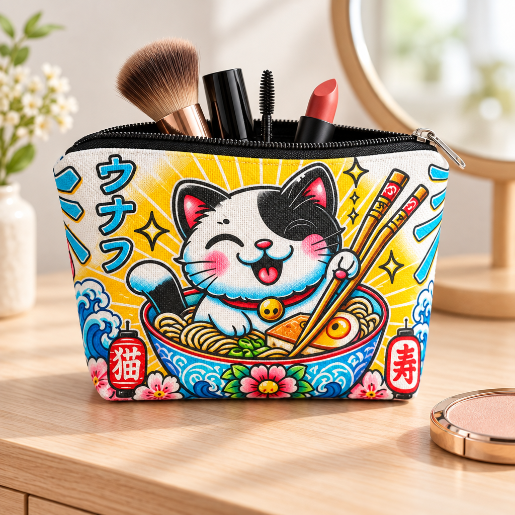 Ramenkat-toilettaske med åben lynlås og makeup