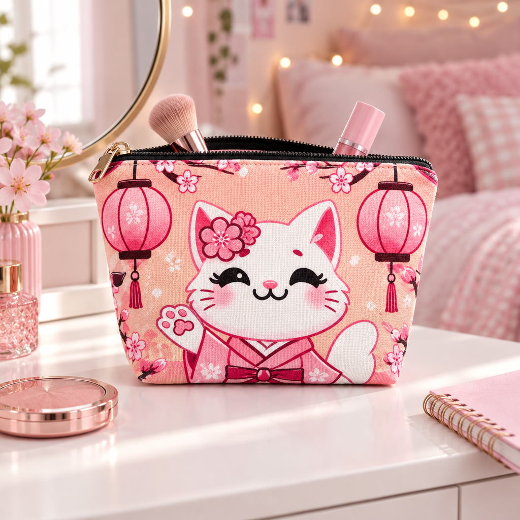 Sakura-toilettaske med åben lynlås og makeup i et rosa pigeværelse