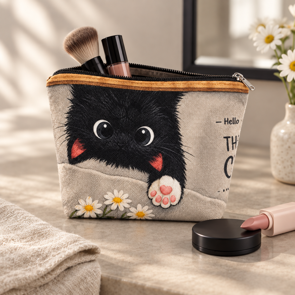 Sort katte-toilettaske med åben lynlås og makeup i matchende farver
