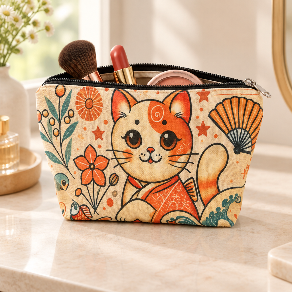 Toilettaske med orange kat stående åben med lidt makeup
